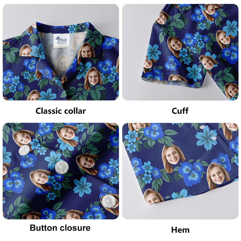Custom Blue Floral Hawaiian Button Shirts With 1-5 Faces