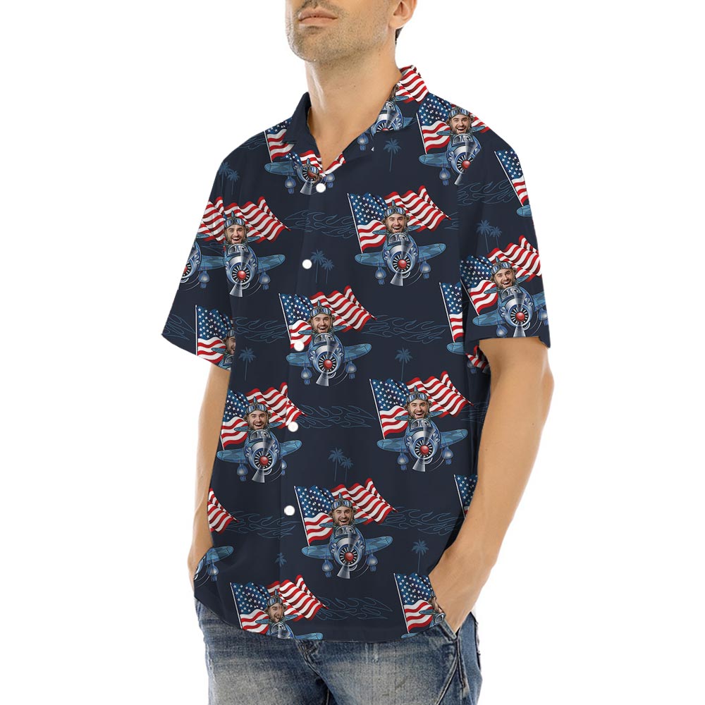 Custom Face Airplanes USA Flag Men's Button Up Shirt