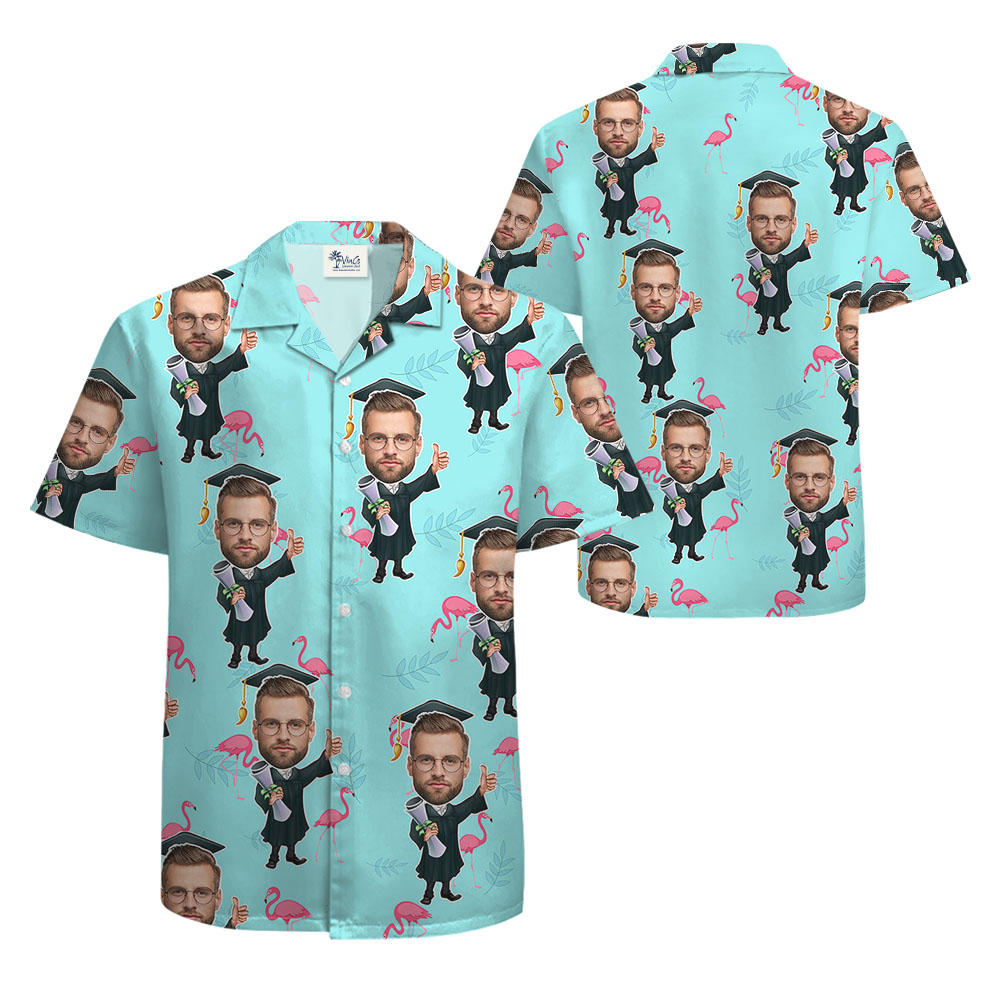 Blue Flamingo Graduation Button Up Shirt With Men's Face