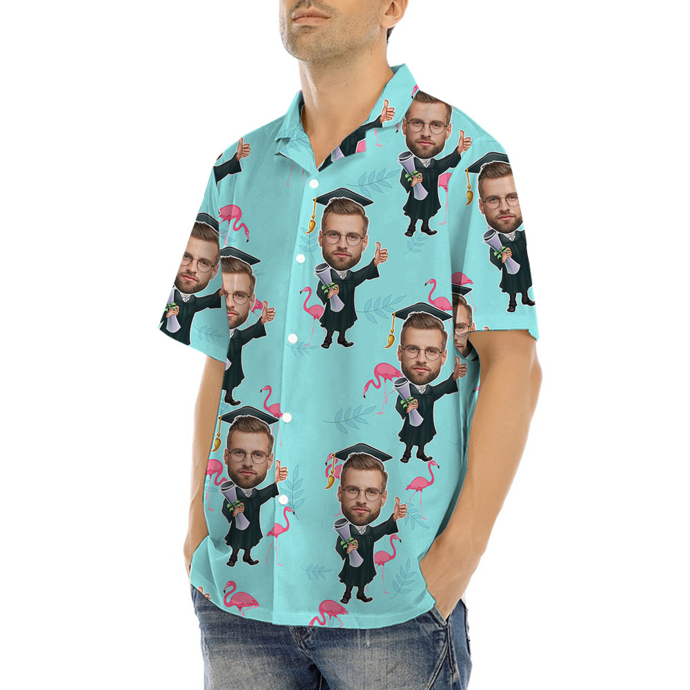 Blue Flamingo Graduation Button Up Shirt With Men's Face