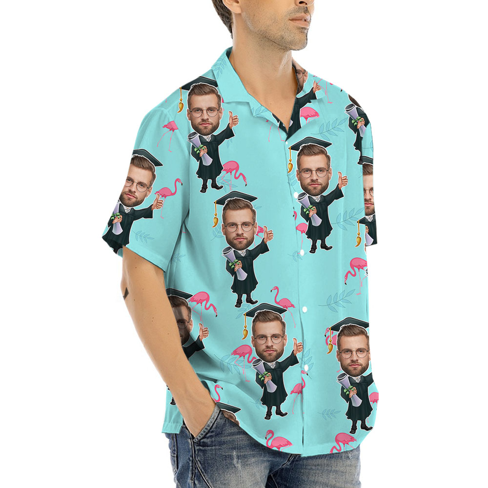 Blue Flamingo Graduation Button Up Shirt With Men's Face