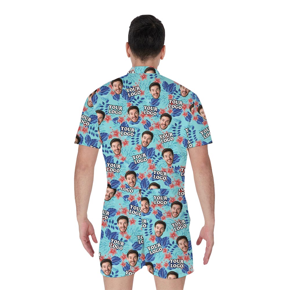 Custom 1-5 Faces Blue Tropical Romper For Men