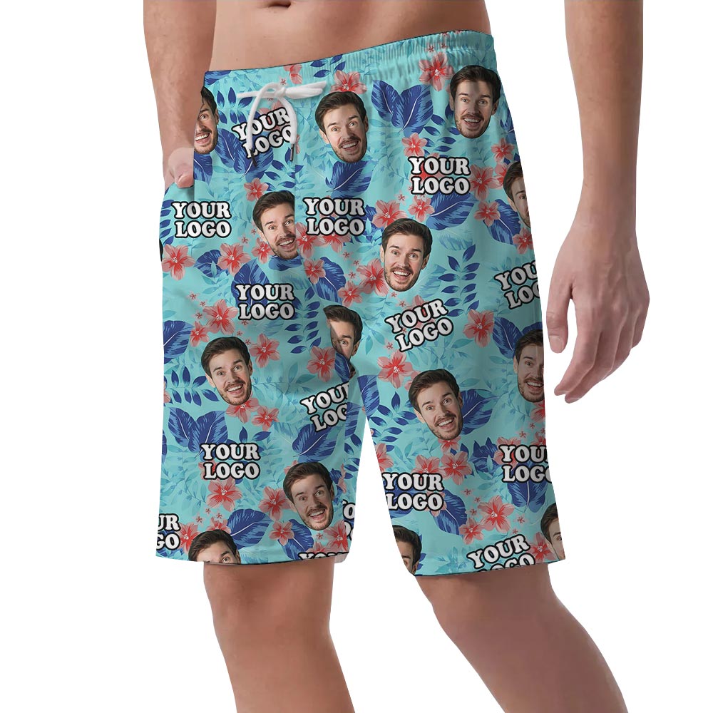 Personalized Blue Men's Summer Shorts With Face And Logo