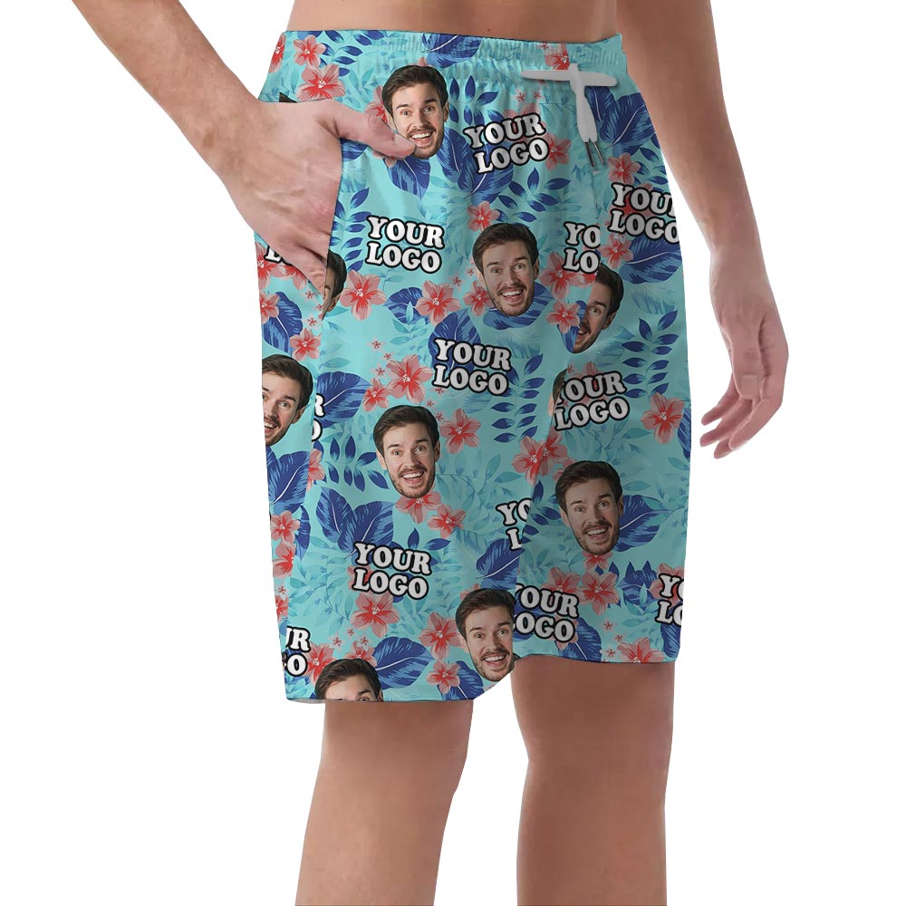 Personalized Blue Men's Summer Shorts With Face And Logo