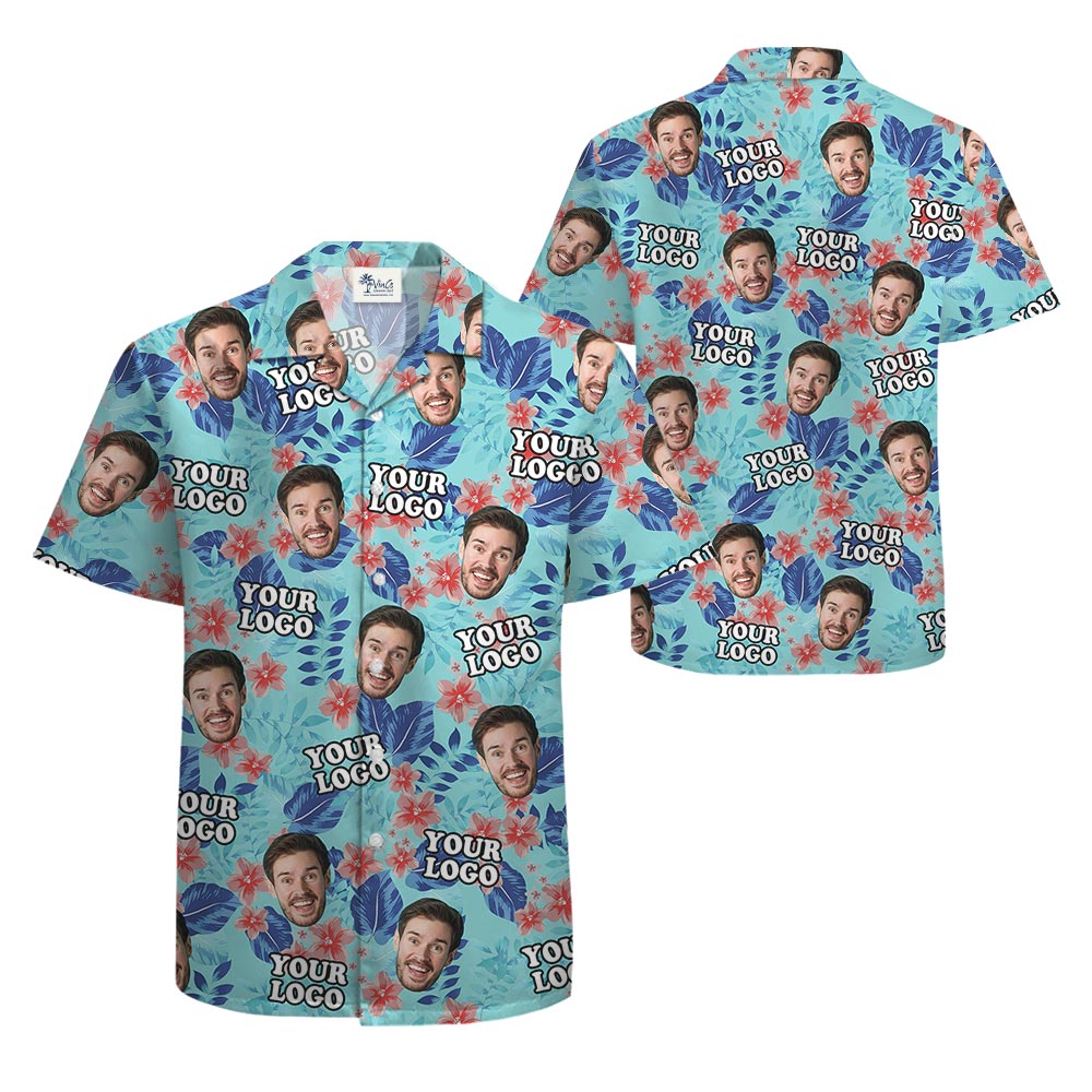 Blue Custom Face And Logo Company Hawaiian Shirt