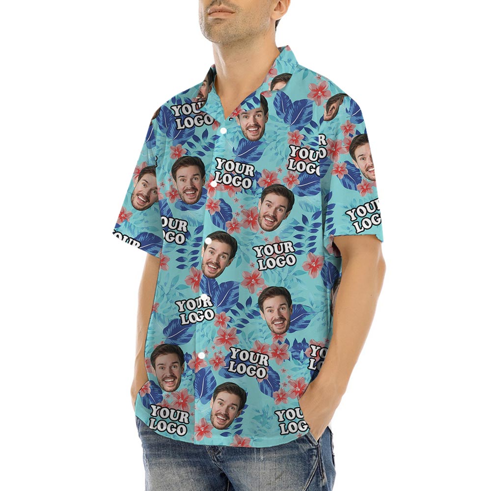 Blue Custom Face And Logo Company Hawaiian Shirt