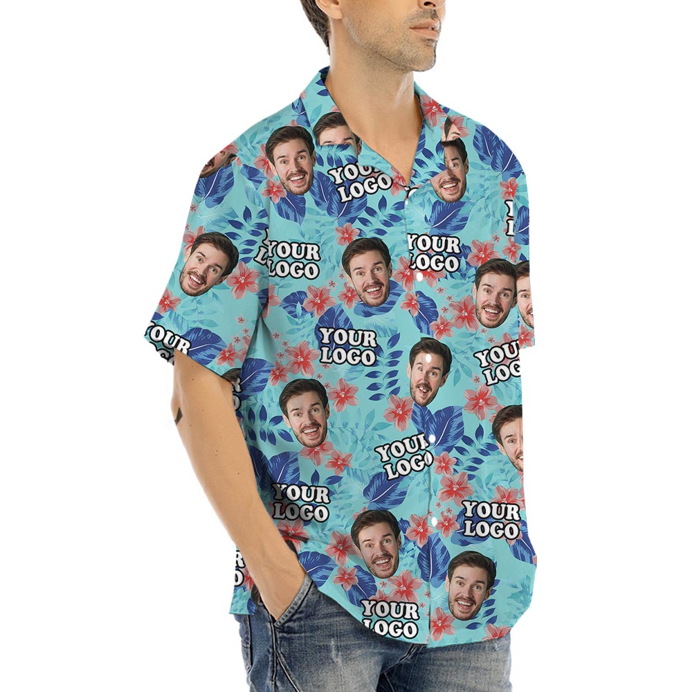 Blue Custom Face And Logo Company Hawaiian Shirt