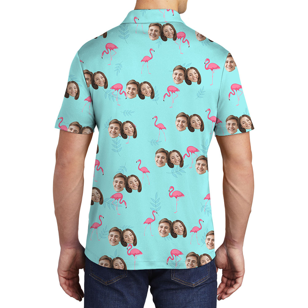 Custom Couple Face Flamingo Collared Shirt Blue