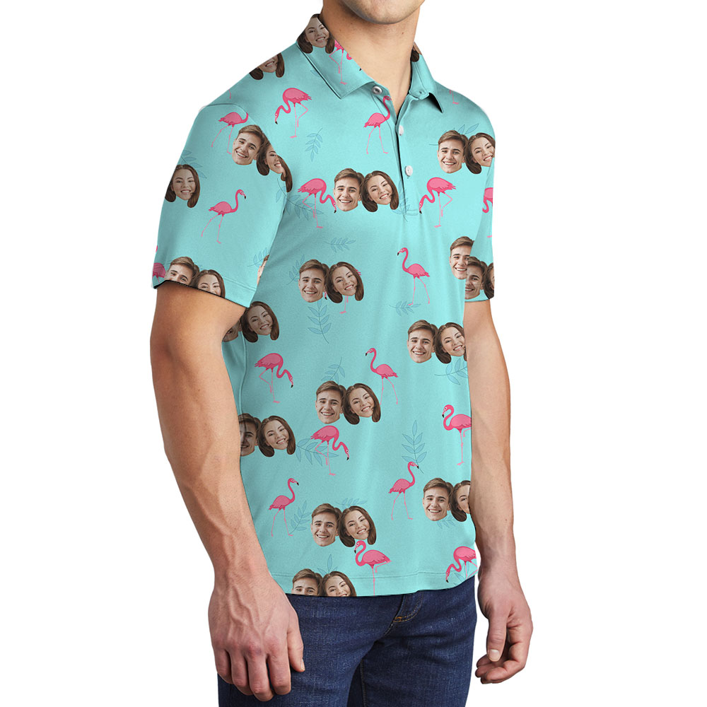 Custom Couple Face Flamingo Collared Shirt Blue