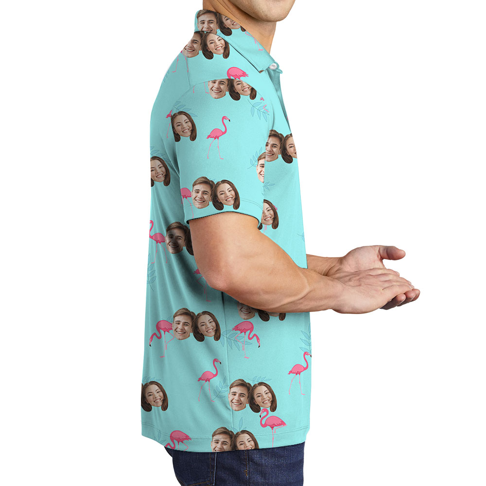 Custom Couple Face Flamingo Collared Shirt Blue