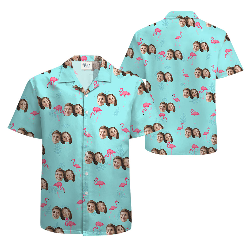 Personalized 1-5 Faces Blue Flamingo Hawaiian Shirt
