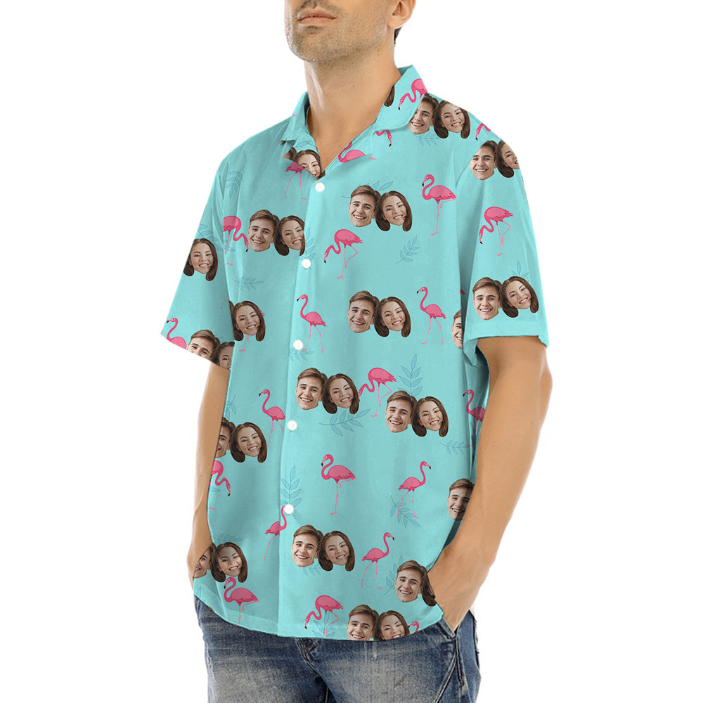 Personalized 1-5 Faces Blue Flamingo Hawaiian Shirt