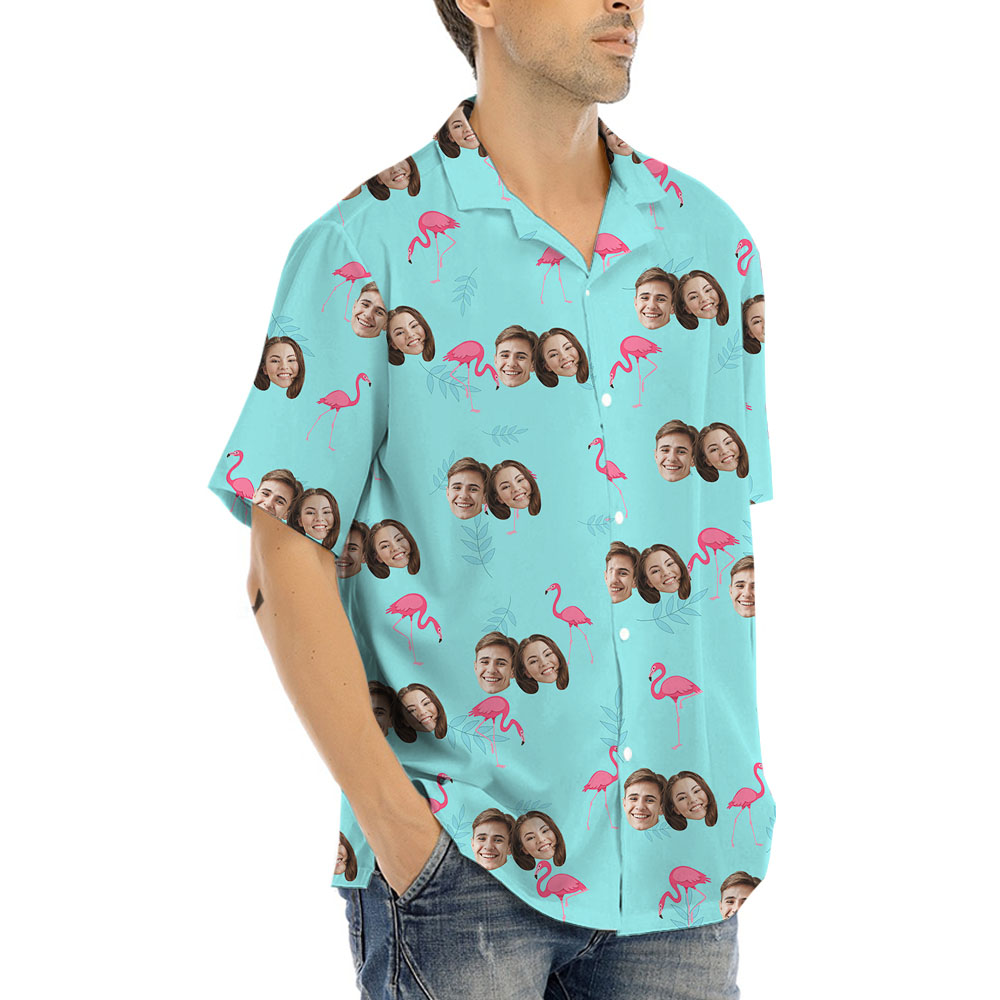 Personalized 1-5 Faces Blue Flamingo Hawaiian Shirt