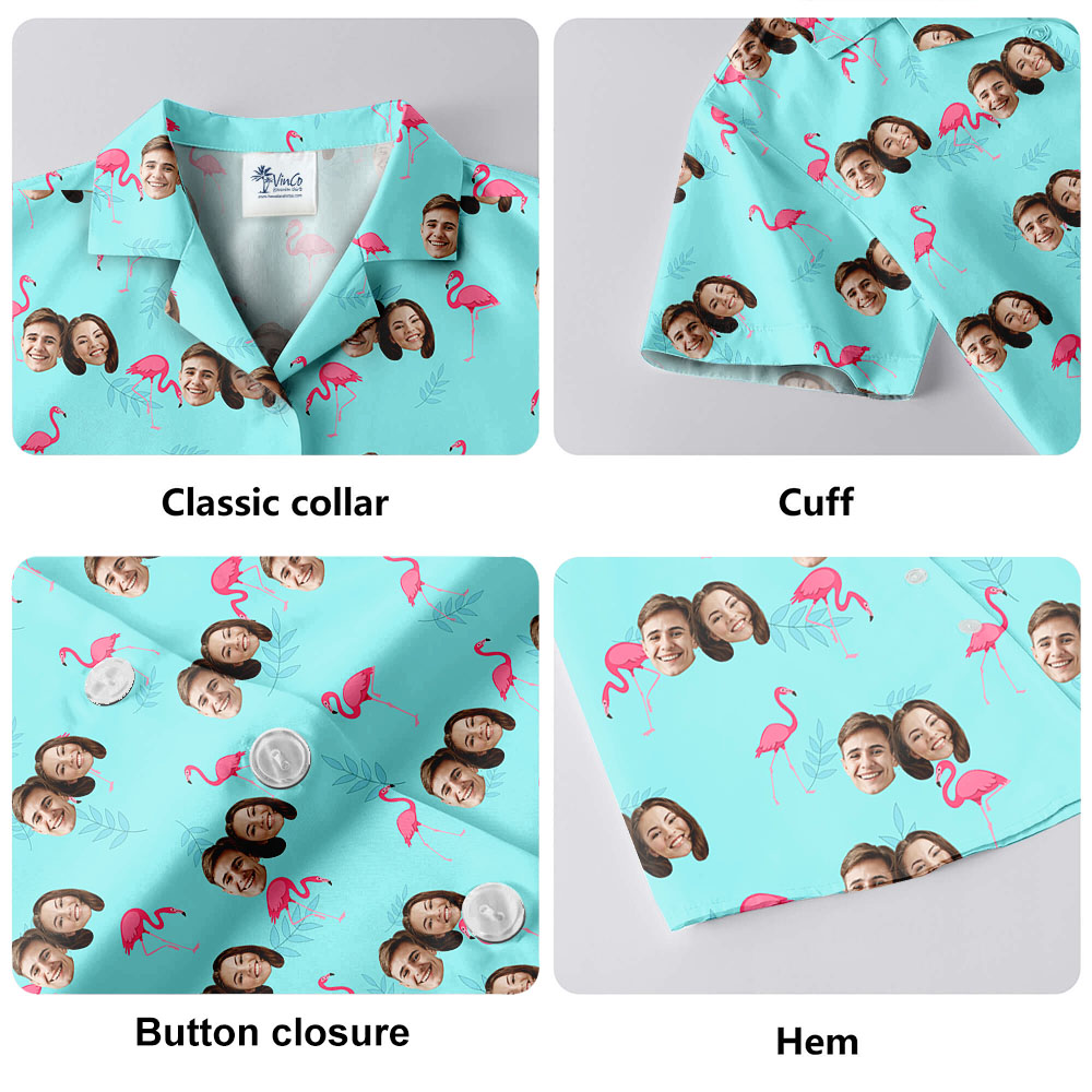 Personalized 1-5 Faces Blue Flamingo Hawaiian Shirt