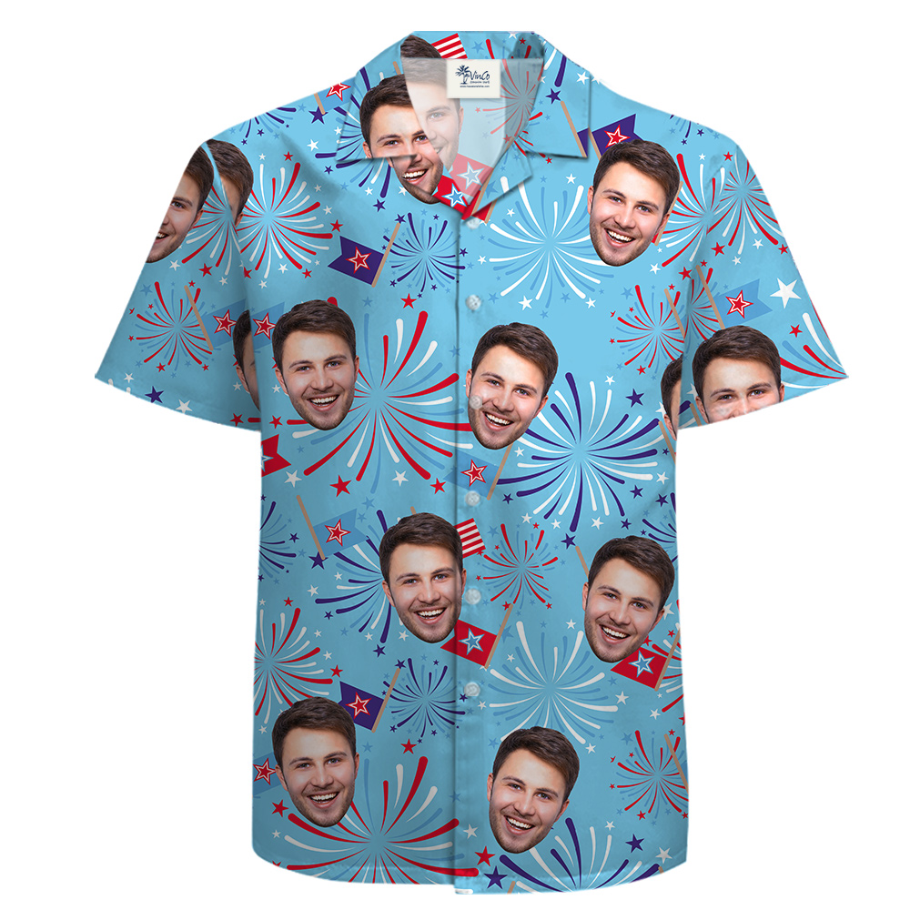 Custom 1-4 Face Flag Firework Cotton Hula Shirt for Men - variant image 1