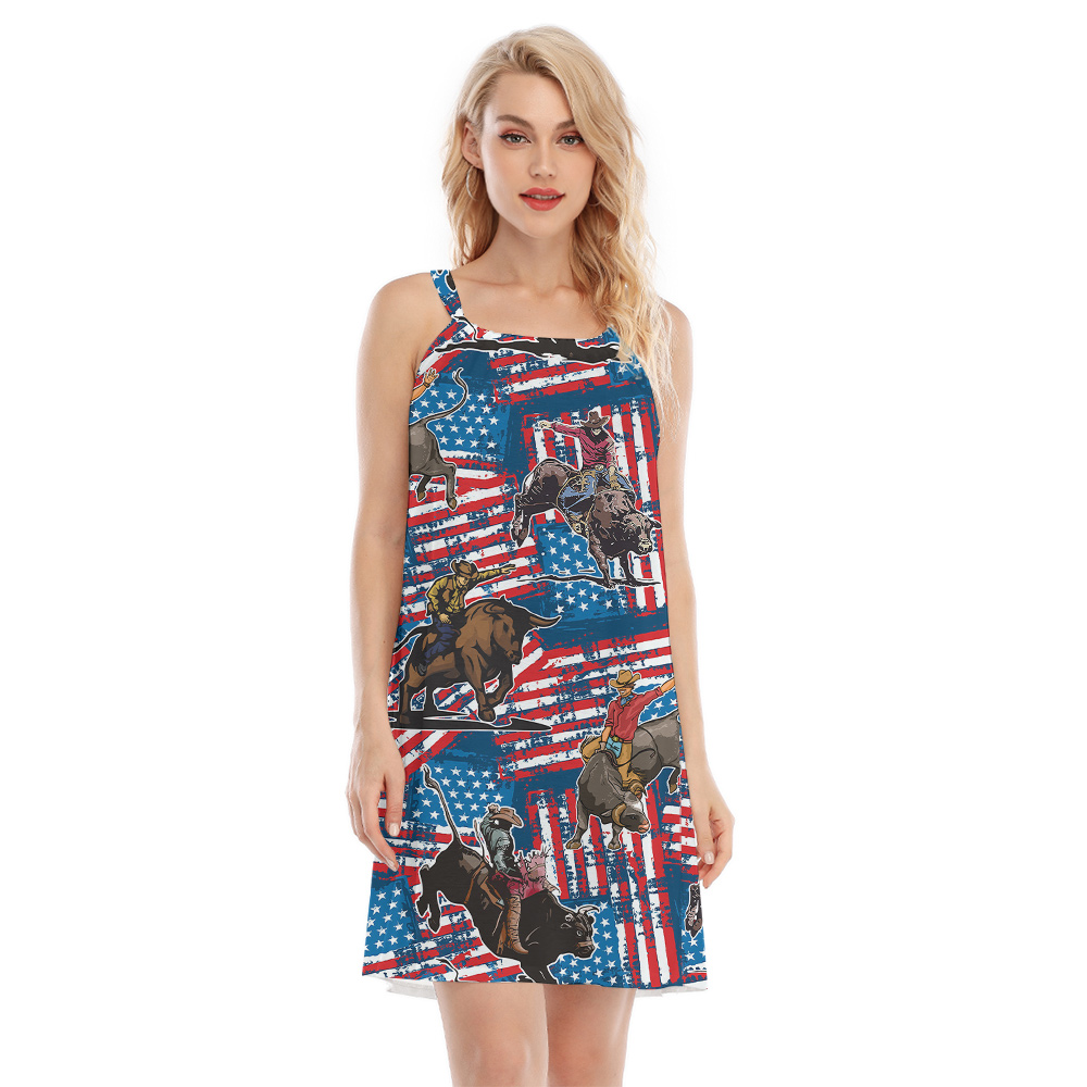 Cowboy Bull Riding American Flag Hawaiian Cami Dress - variant image 1