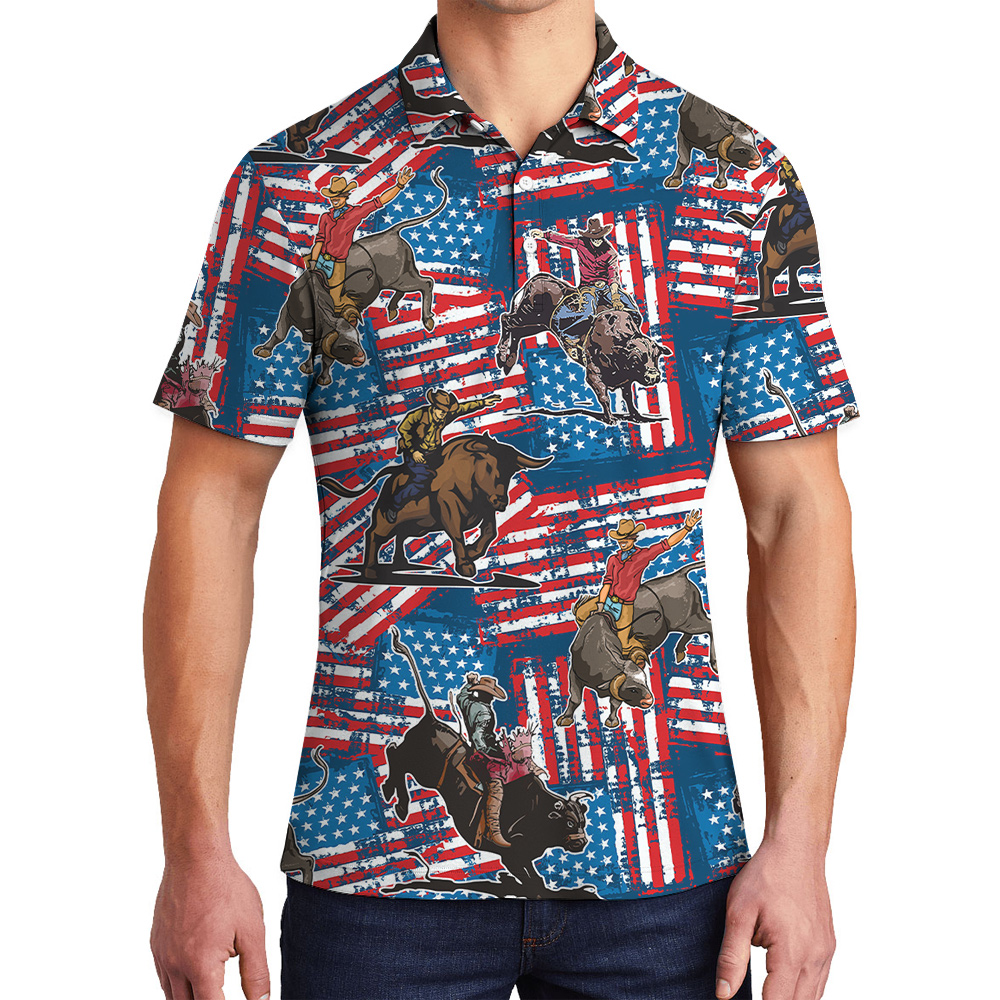 Funny Cowboy Bull Riding American Flag Men's Hawaiian Polo Shirt - variant image 1
