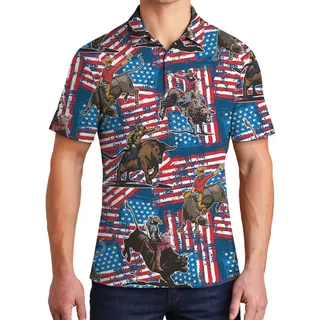 Funny Cowboy Bull Riding American Flag Men's Hawaiian Polo Shirt