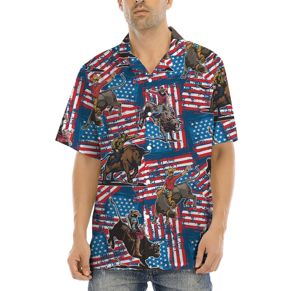 Cowboy Bull Riding Red White And Blue 4th Of July Hawaiian Shirt - variant image 1