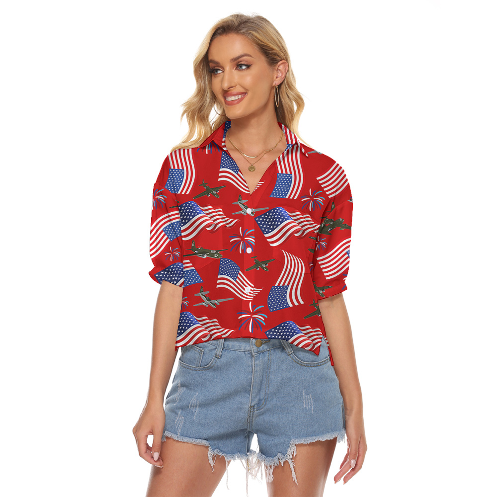 4th Of July American Flag Aircraft Red Hawaiian Cropped Shirt - variant image 1