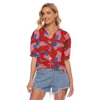 4th Of July American Flag Aircraft Red Hawaiian Cropped Shirt
