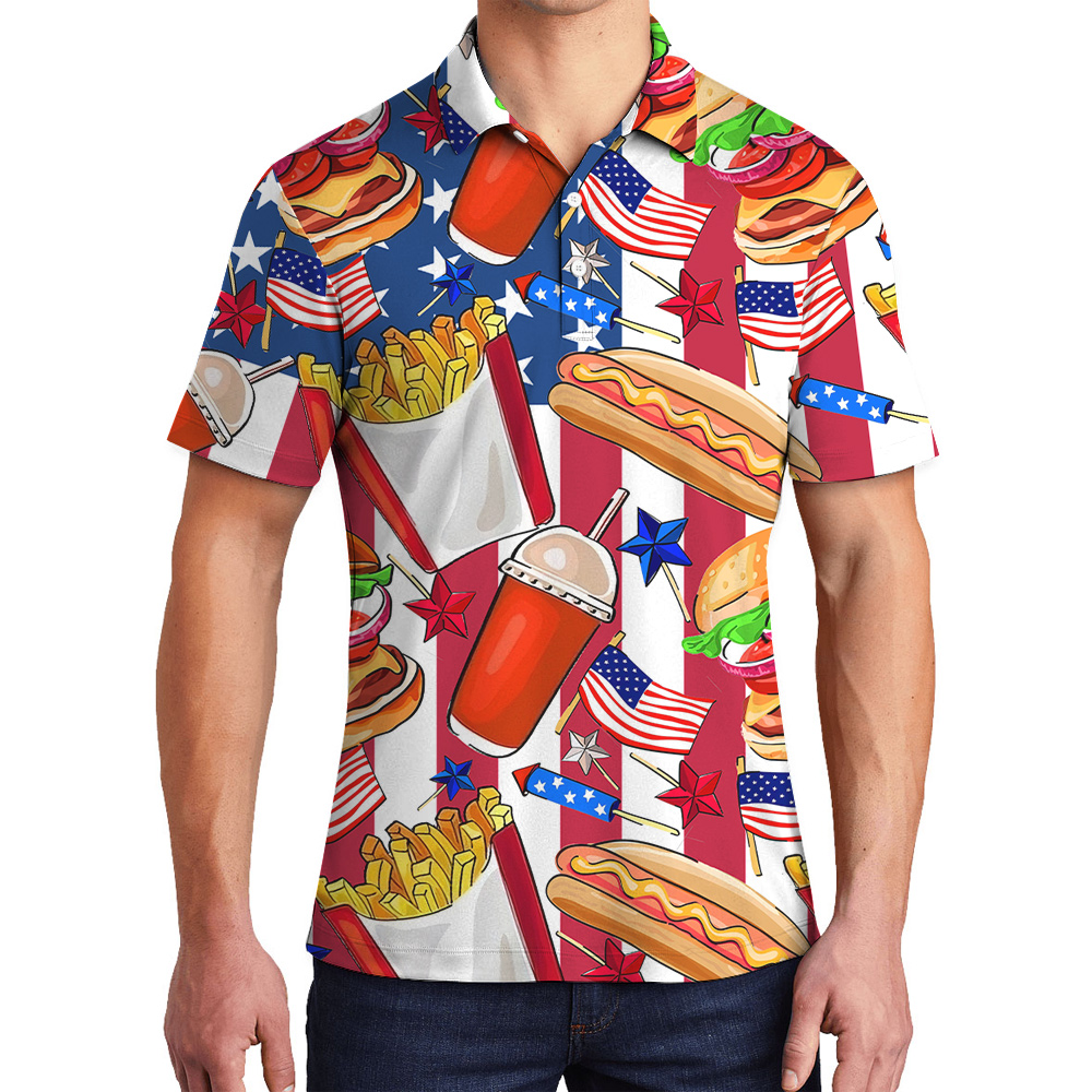 Funny Hotdog American Flag Men's Hawaiian Polo Shirt - variant image 1