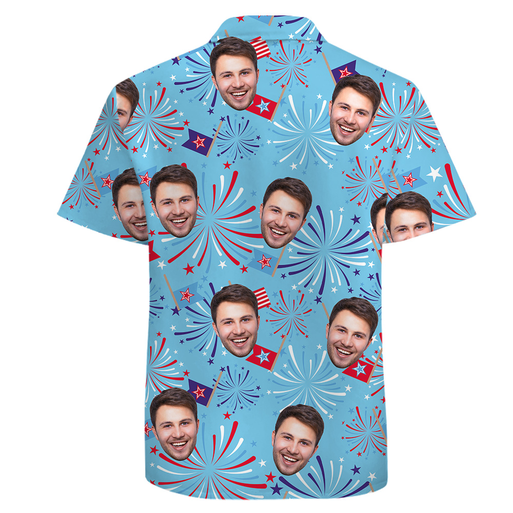 Custom 1-4 Face Flag Firework Cotton Hula Shirt for Men