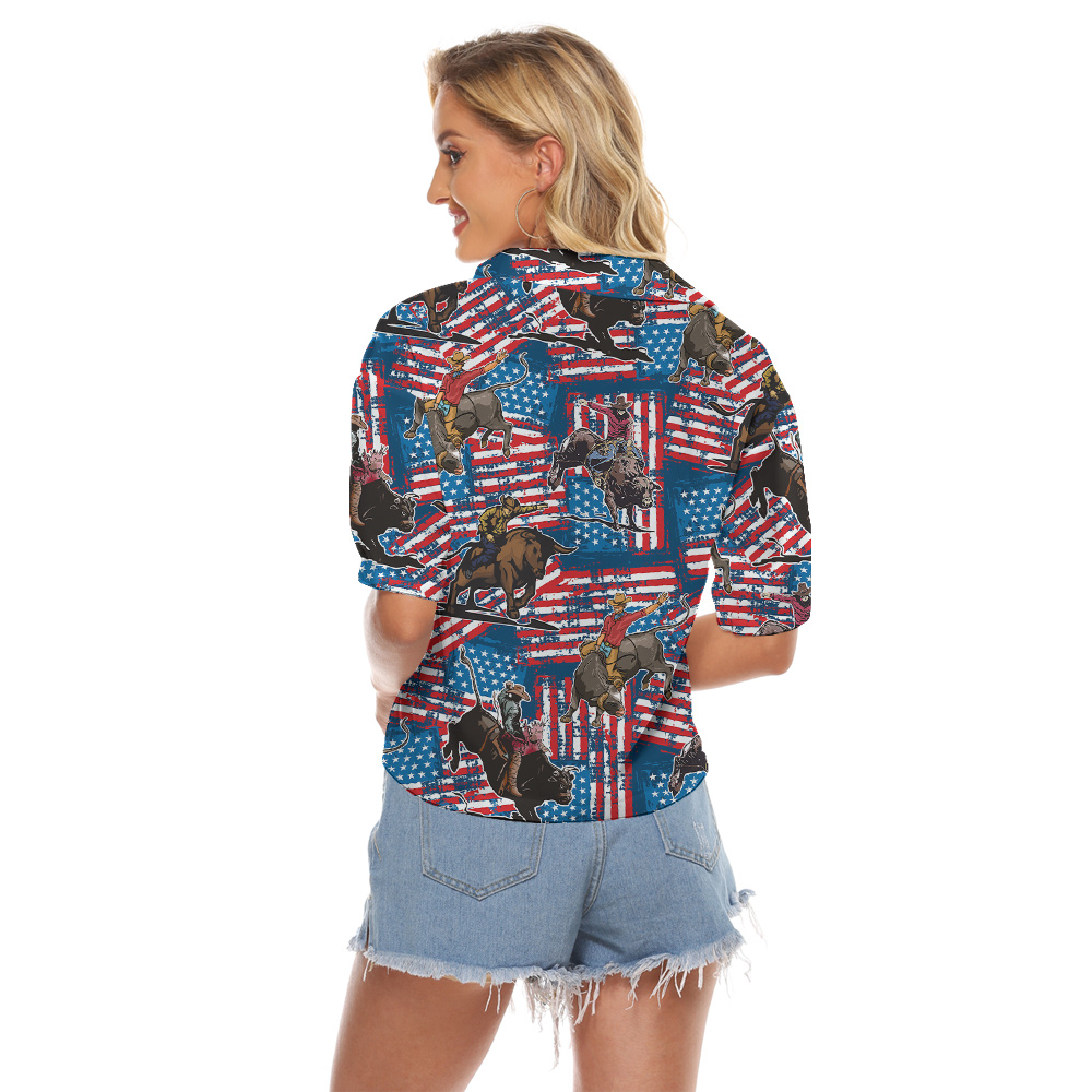 American Flag Cowboy Bull Riding 4th Of July Hawaiian Cropped Shirt