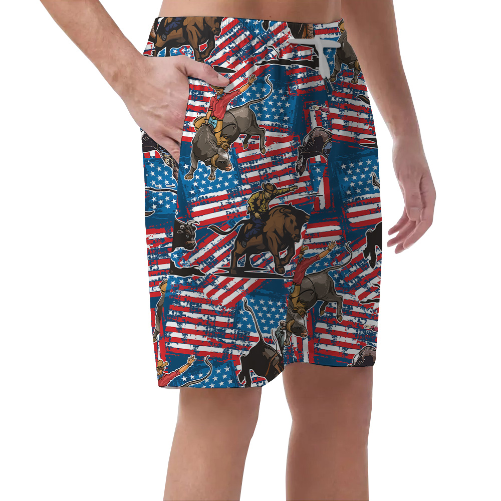 4th Of July Cowboy Bull Riding American Flag Summer Shorts For Men