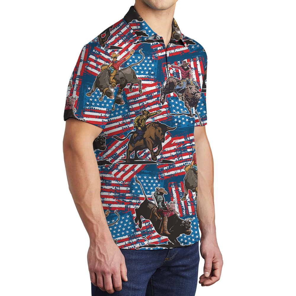 Funny Cowboy Bull Riding American Flag Men's Hawaiian Polo Shirt