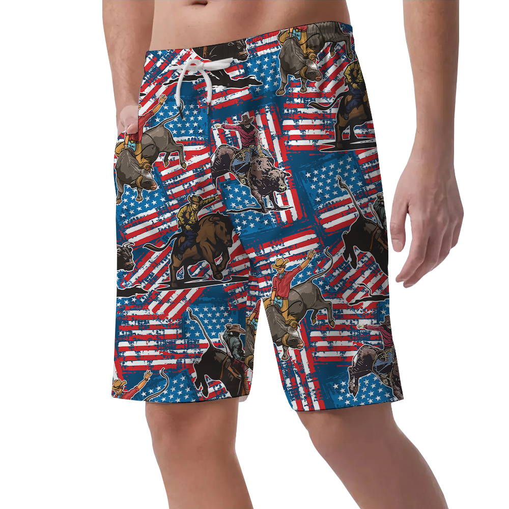 4th Of July Cowboy Bull Riding American Flag Summer Shorts For Men