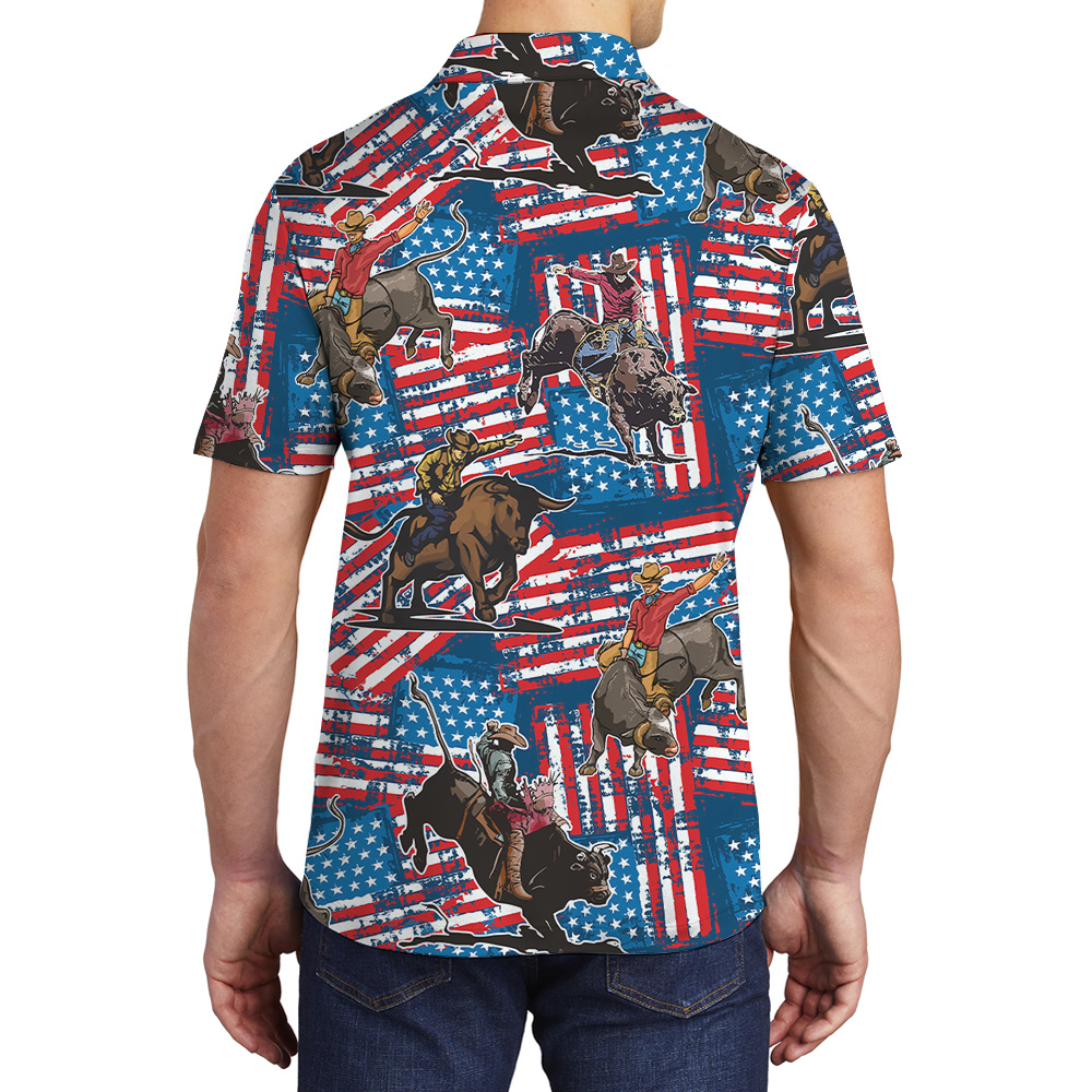 Funny Cowboy Bull Riding American Flag Men's Hawaiian Polo Shirt