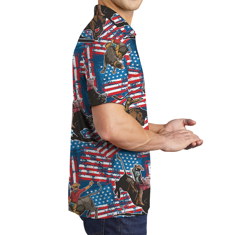 Funny Cowboy Bull Riding American Flag Men's Hawaiian Polo Shirt