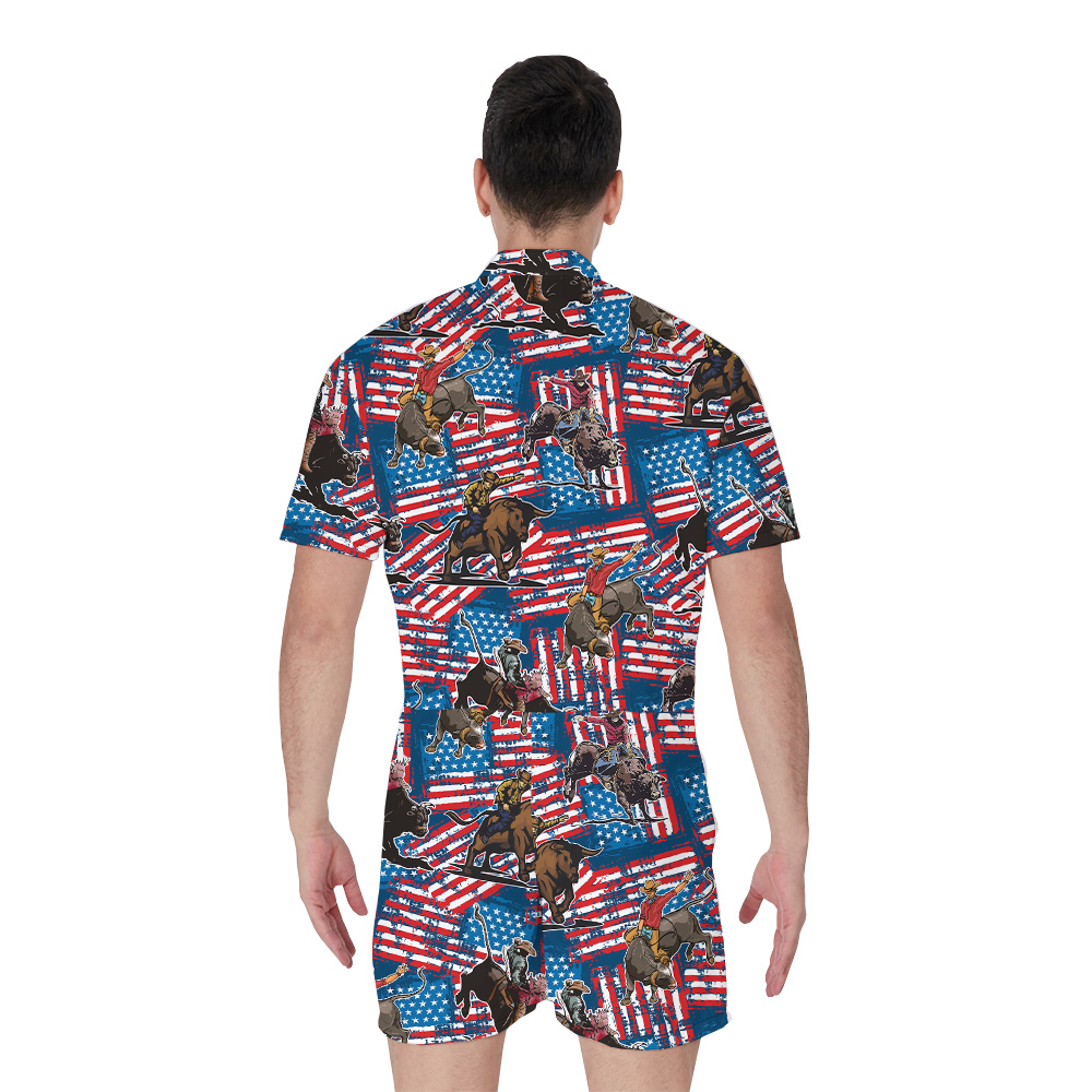 American Cowboy Bull Riding Patriotic Men's Hawaiian Romper