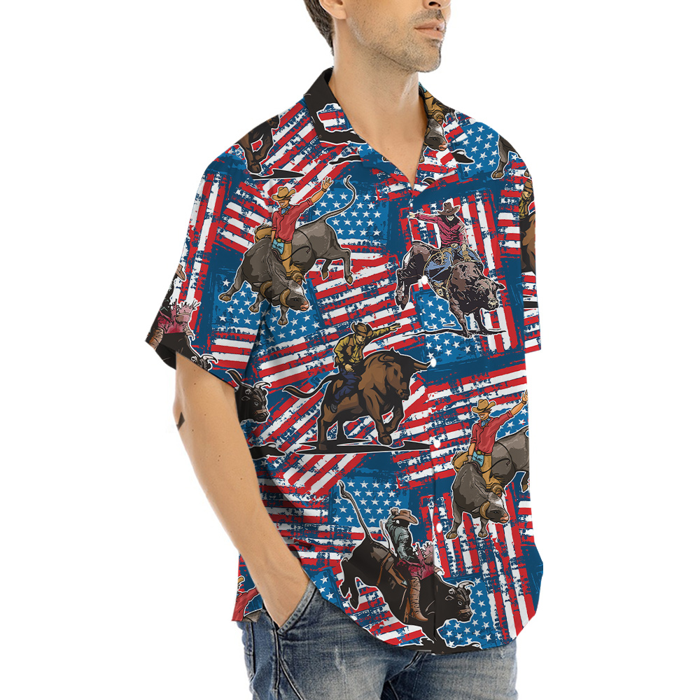 Cowboy Bull Riding Red White And Blue 4th Of July Hawaiian Shirt
