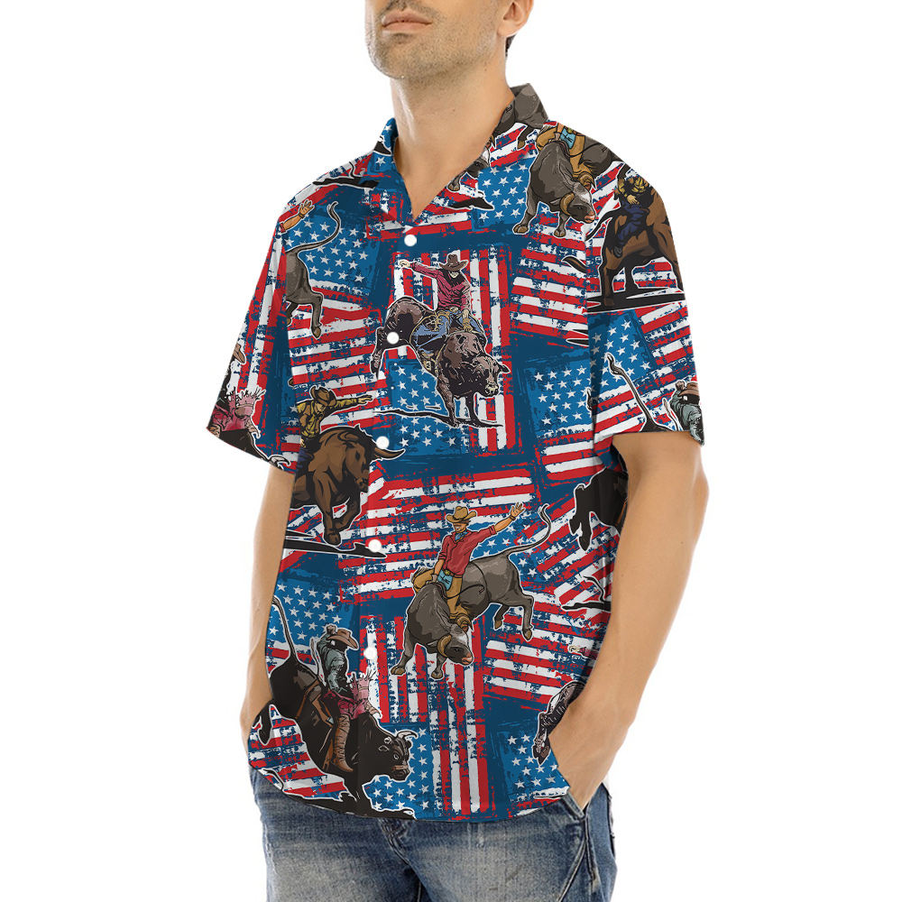 Cowboy Bull Riding Red White And Blue 4th Of July Hawaiian Shirt