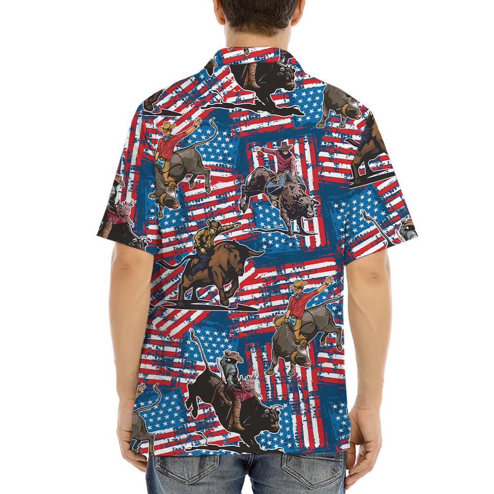 Cowboy Bull Riding Red White And Blue 4th Of July Hawaiian Shirt