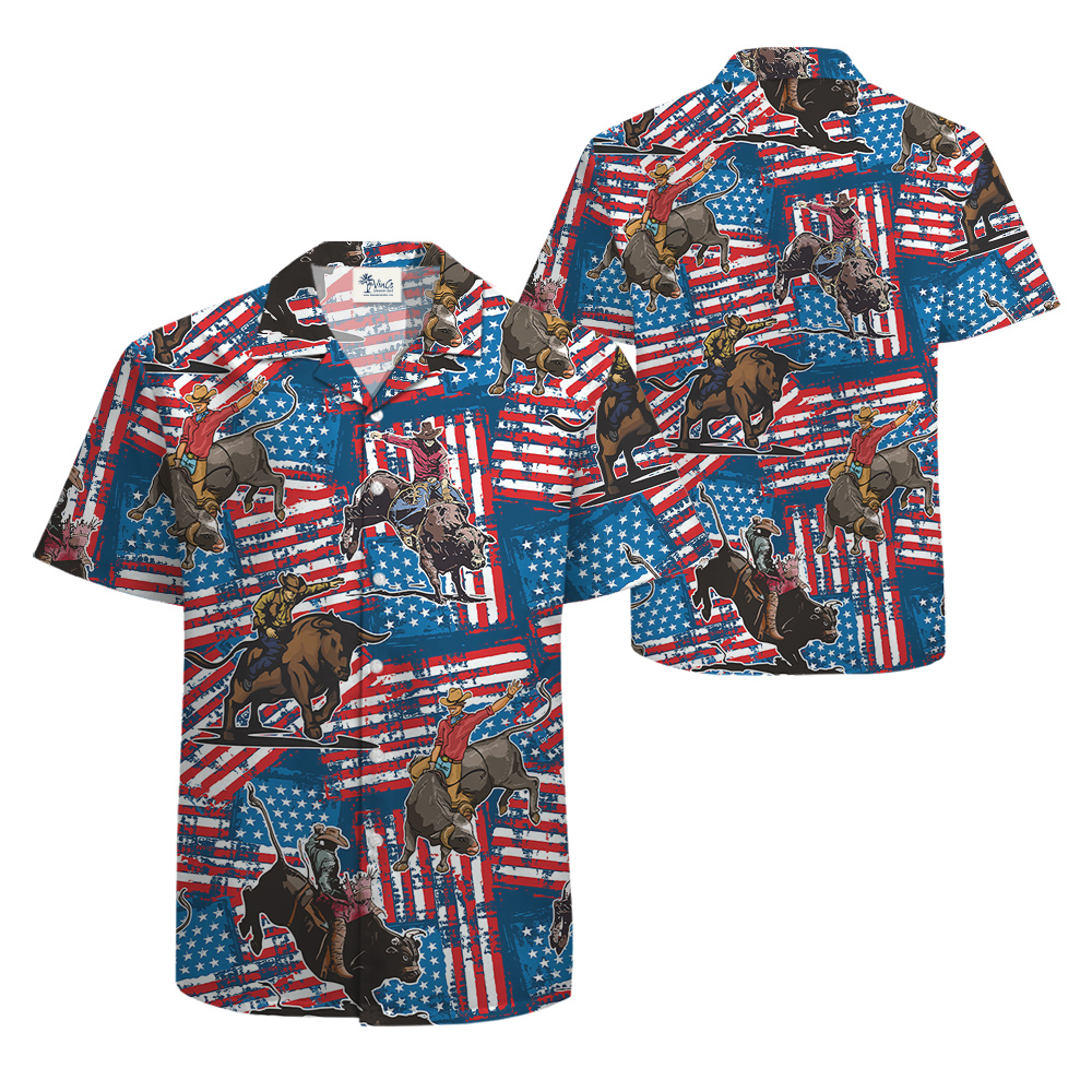 Cowboy Bull Riding Red White And Blue 4th Of July Hawaiian Shirt