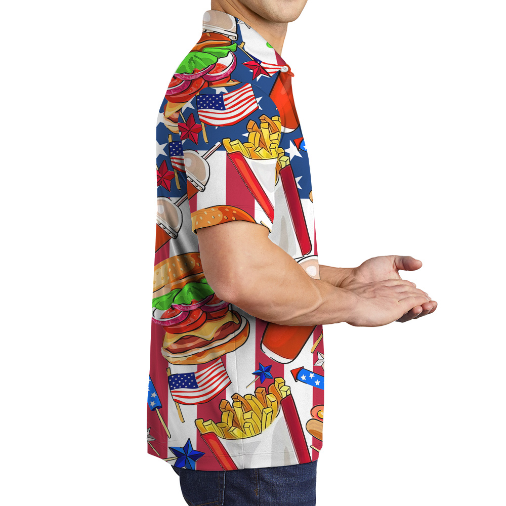 Funny Hotdog American Flag Men's Hawaiian Polo Shirt
