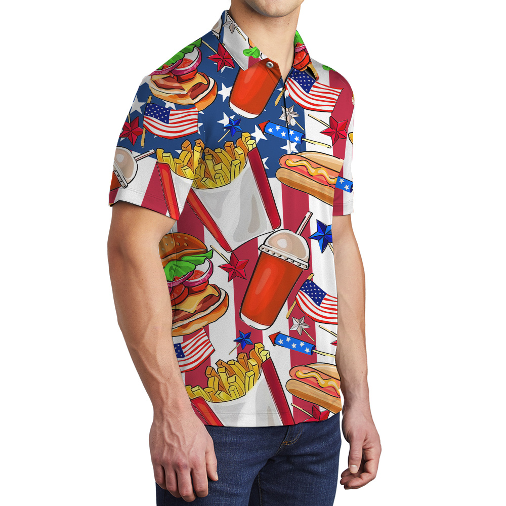 Funny Hotdog American Flag Men's Hawaiian Polo Shirt