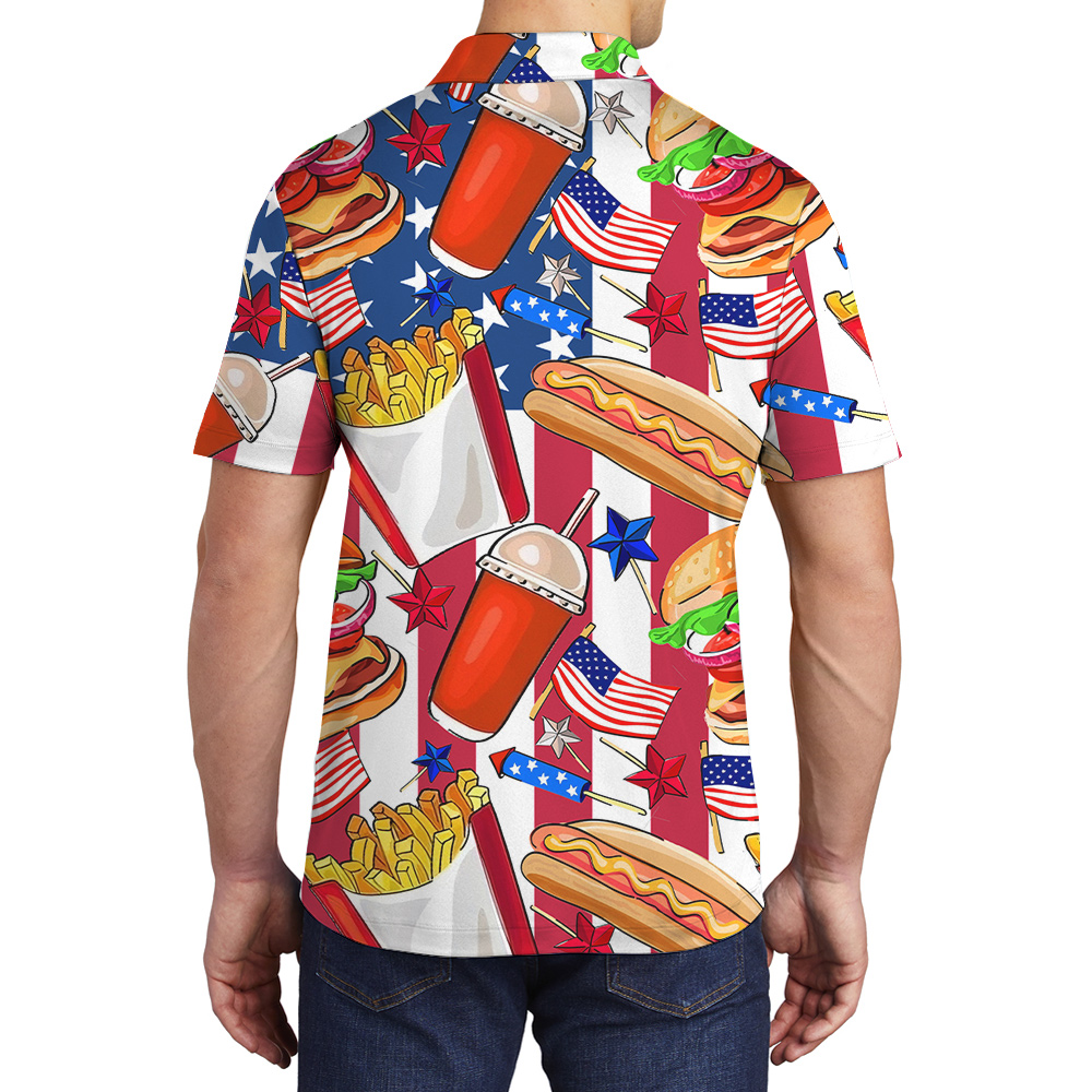 Funny Hotdog American Flag Men's Hawaiian Polo Shirt