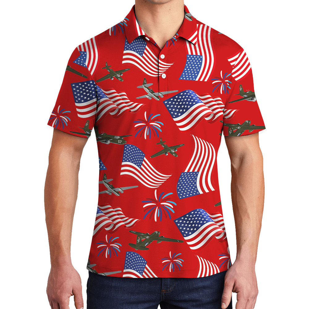4th Of July American Aircraft Firework Red Polo Shirt For Men - variant image 1