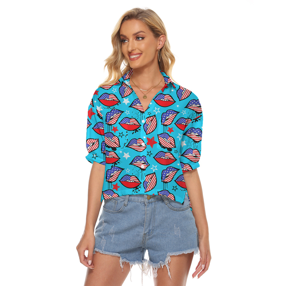 American Sexy Lips 4th Of July Hawaiian Cropped Shirt For Women - variant image 1