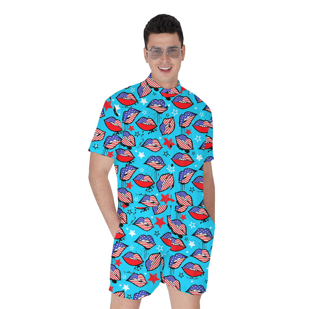 Funny American Sexy Lips 4th Of July Men's Hawaiian Romper - variant image 1