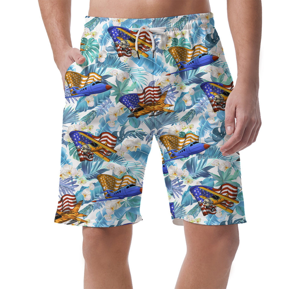 Tropical Bomber Planes American Flag Men's Hawaiian Beach Shorts - variant image 1