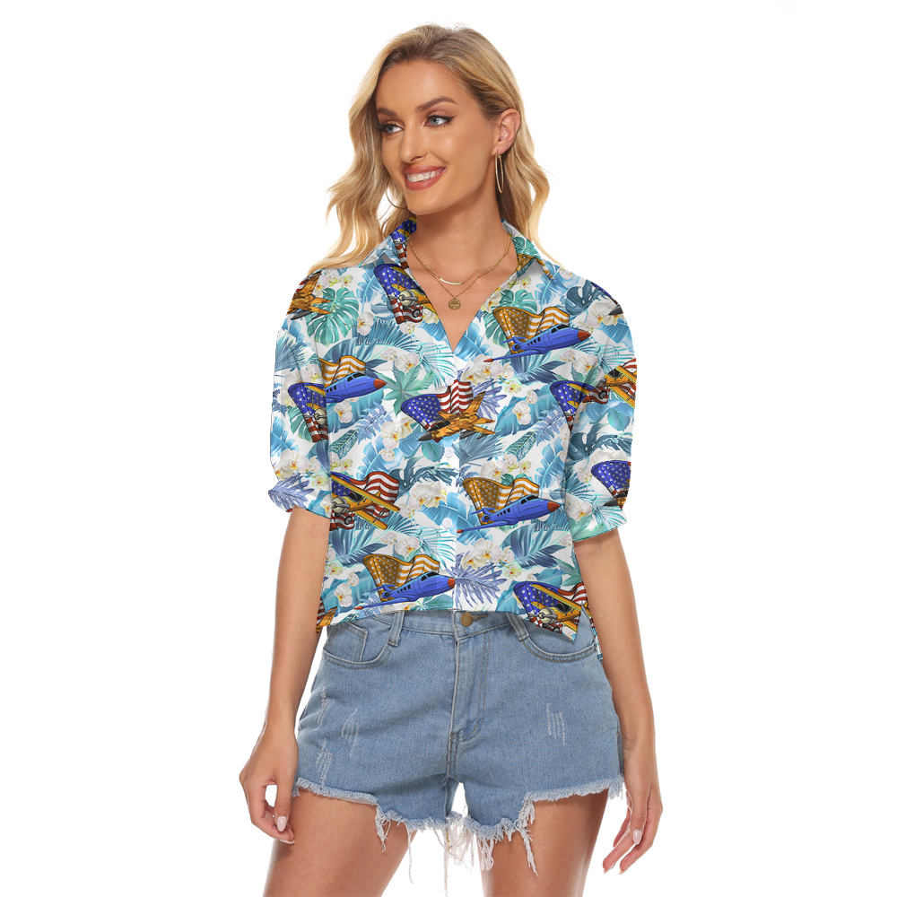Tropical Aircrafts American Flag Hawaiian Crop Top Shirt - variant image 1