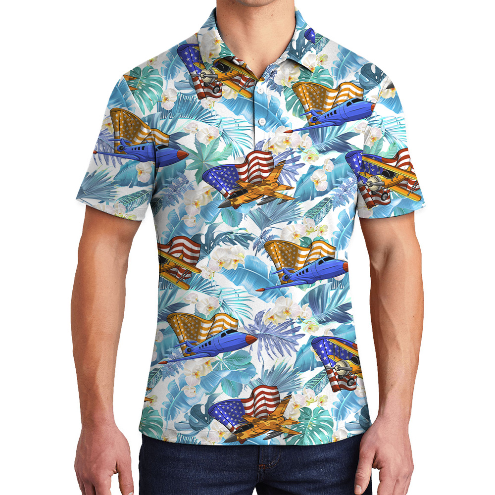Cool Aircrafts American Flag Floral Men's Hawaiian Polo Shirt - variant image 1