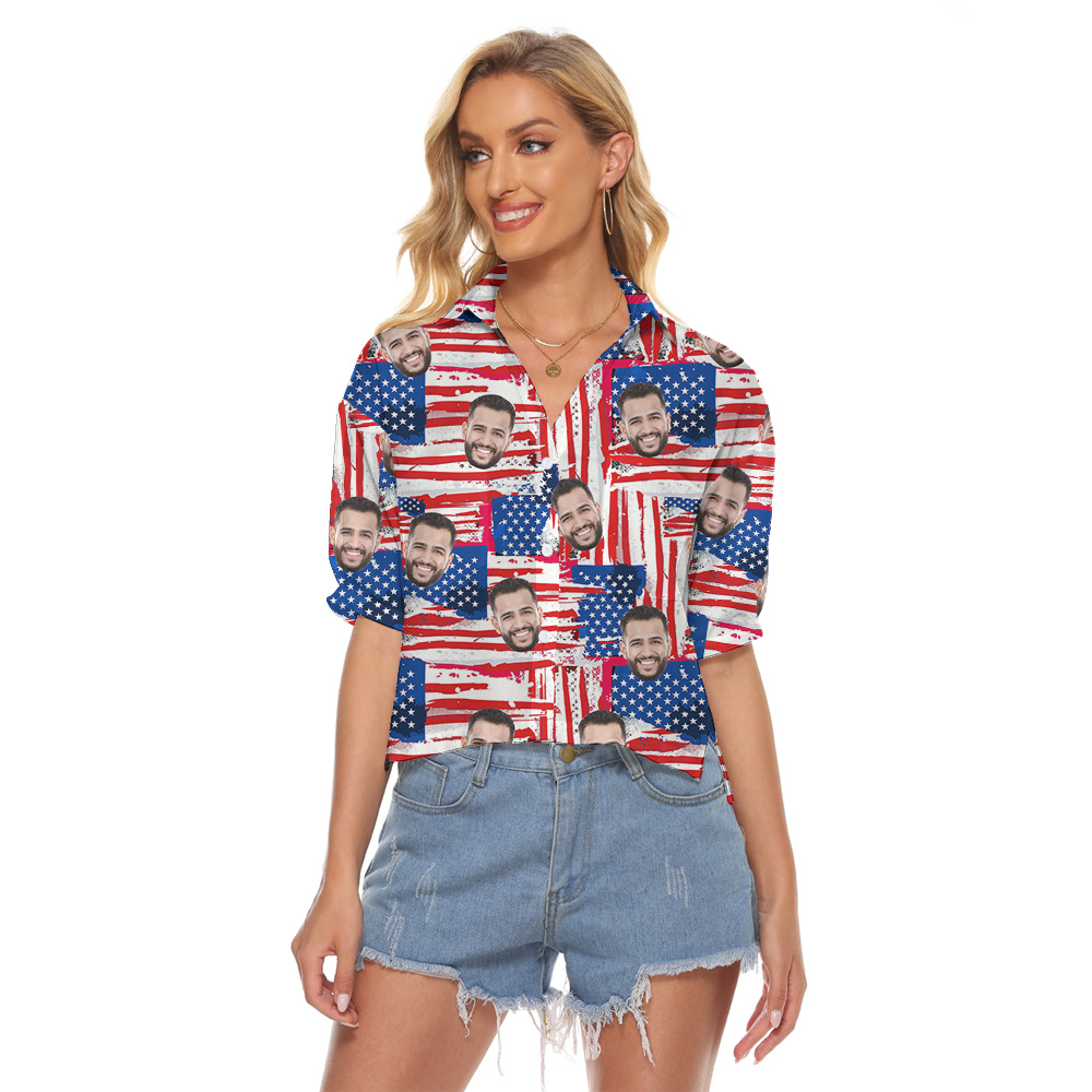 Custom 4th Of July American Flag Women's Cropped Shirt With 1-4 Faces - variant image 1