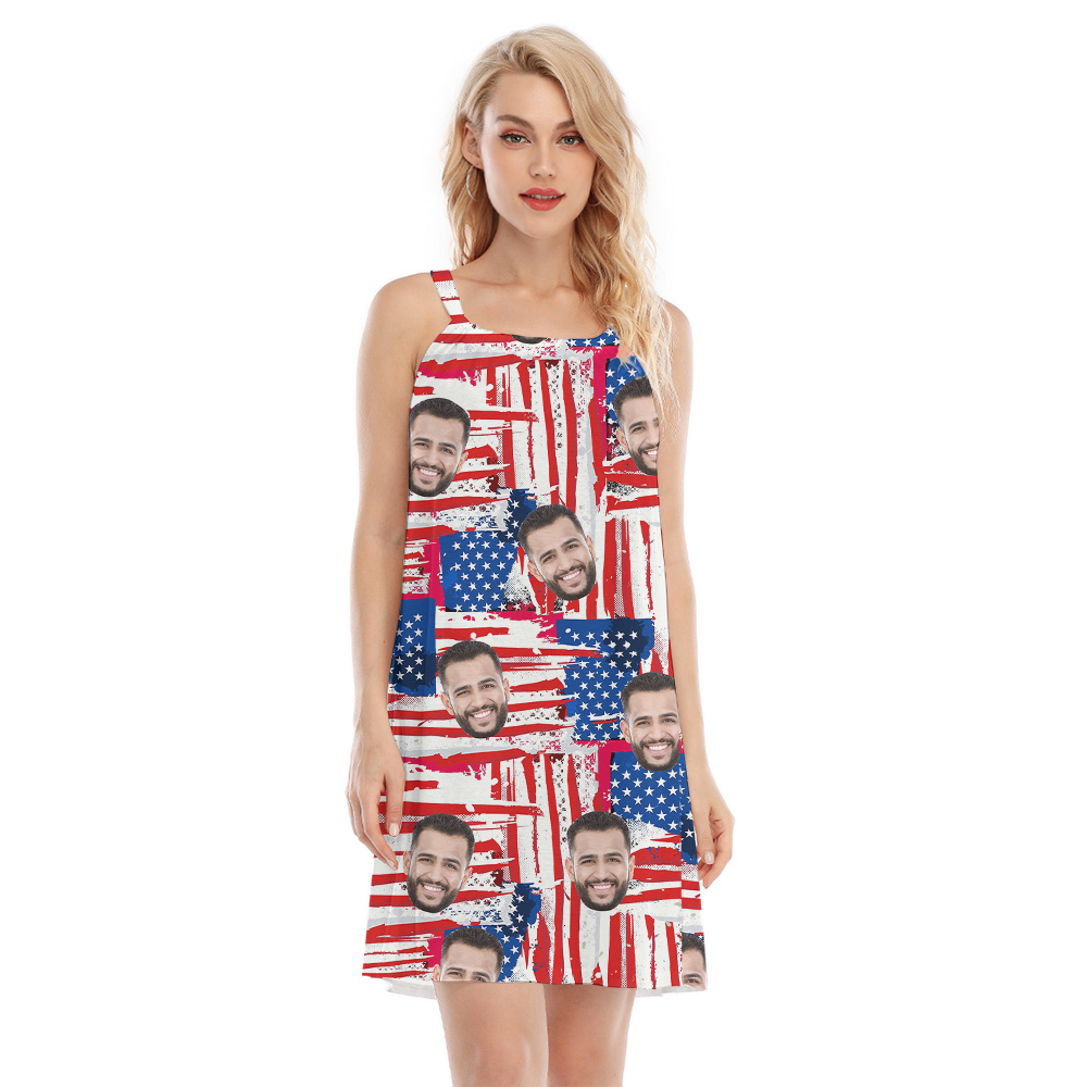 American Flag 4th Of July Women's Cami Dress With Custom Face - variant image 1
