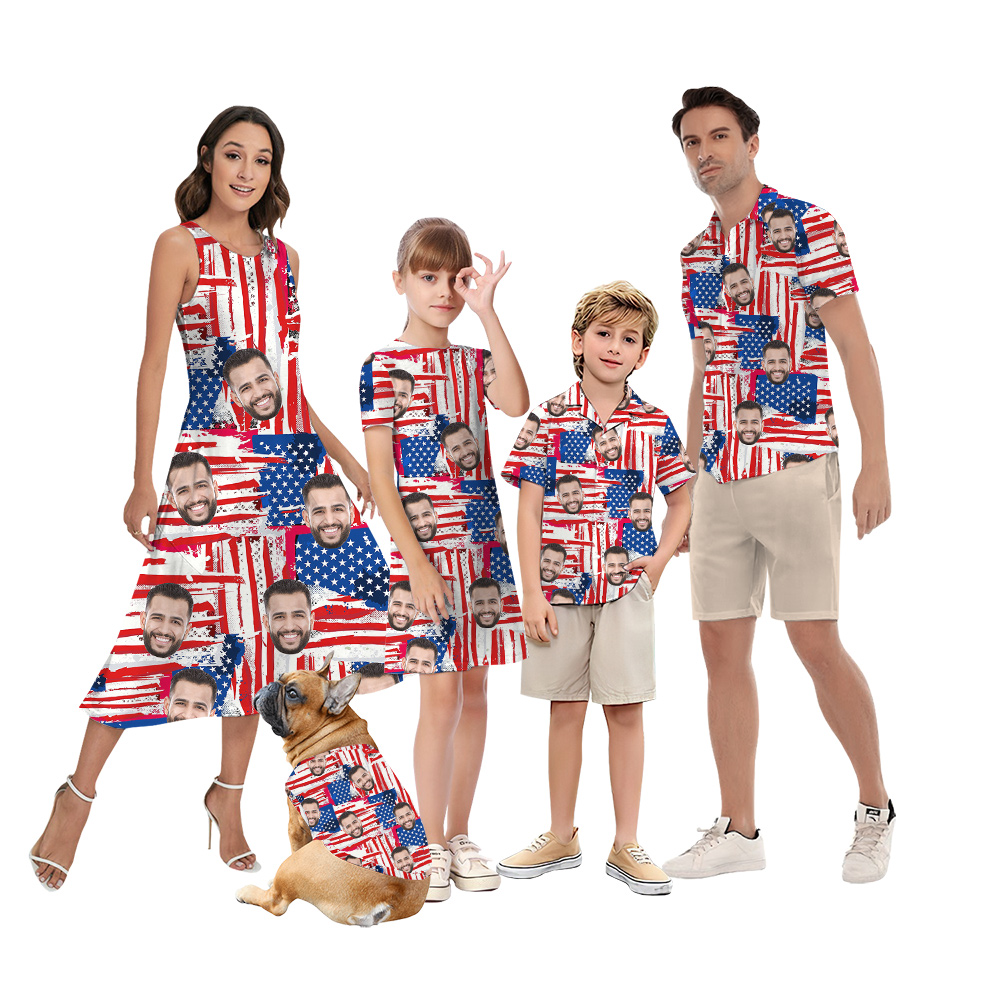 4th Of July American Flag Matching Family Hawaiian Outfits With Custom Face - variant image 1